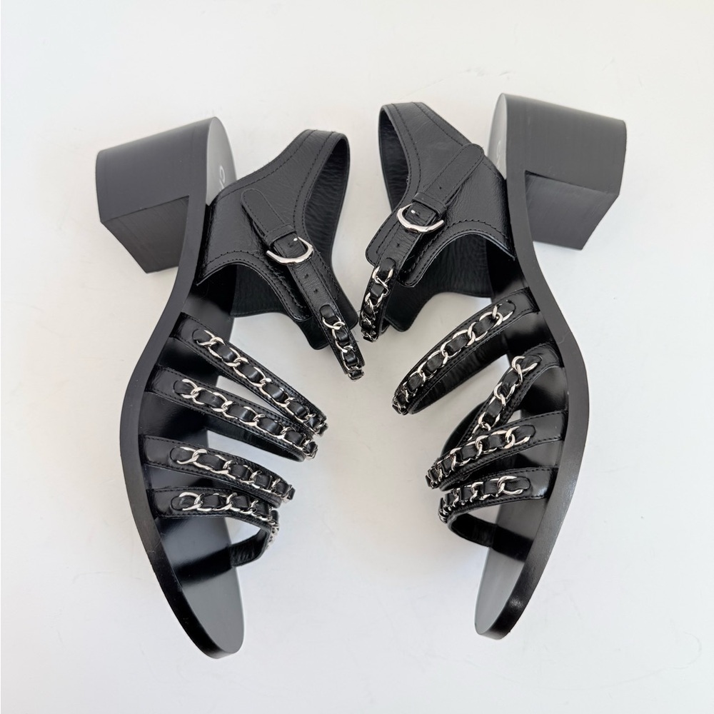 Chanel 20C Chain Strap Sandals Black Calfskin Silver Chain Heel Sandals EU 39.5 - Picture 4 of 10